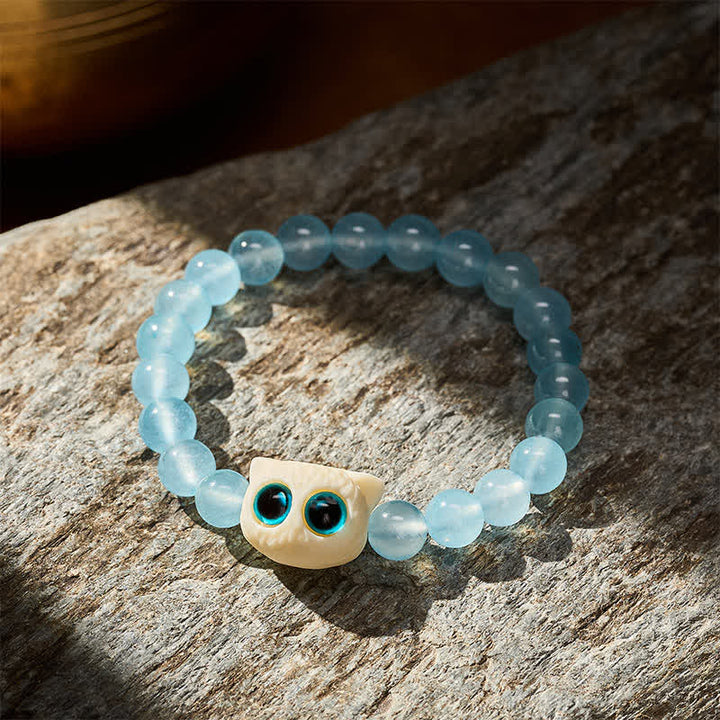 Buddha Stones Pulsera de poder con forma de gato frutal de calcedonia azul marfil - image 3