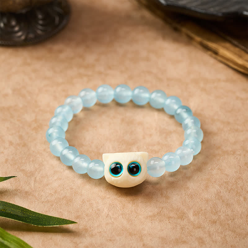 Buddha Stones Pulsera de poder con forma de gato frutal de calcedonia azul marfil - 8 mm (circunferencia de la muñeca: 5,9-6,3 pulgadas / 15-16 cm) - image 0