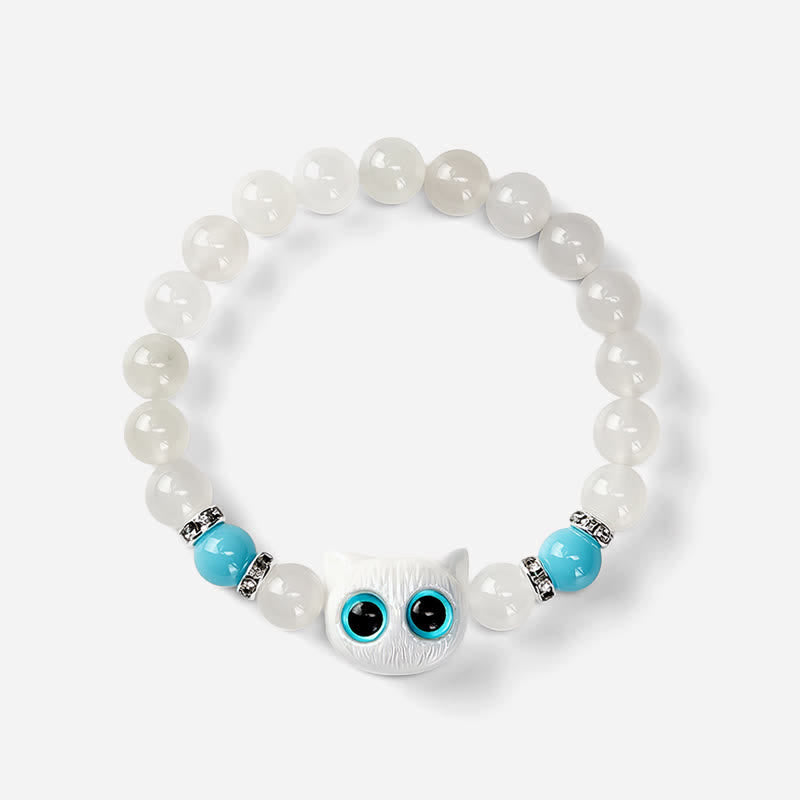 Buddha Stones Pulsera de cuentas de jade blanco y obsidiana negra con forma de linda cabeza de gato. - image 8