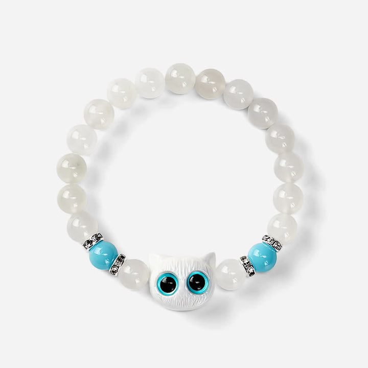 Buddha Stones Pulsera de cuentas de jade blanco y obsidiana negra con forma de linda cabeza de gato. - image 8