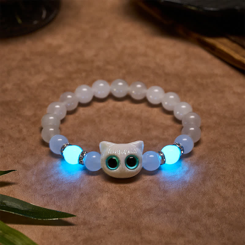 Buddha Stones Pulsera de cuentas de jade blanco y obsidiana negra con forma de linda cabeza de gato. - Jade blanco (circunferencia de la muñeca: 15–16 cm) - image 0