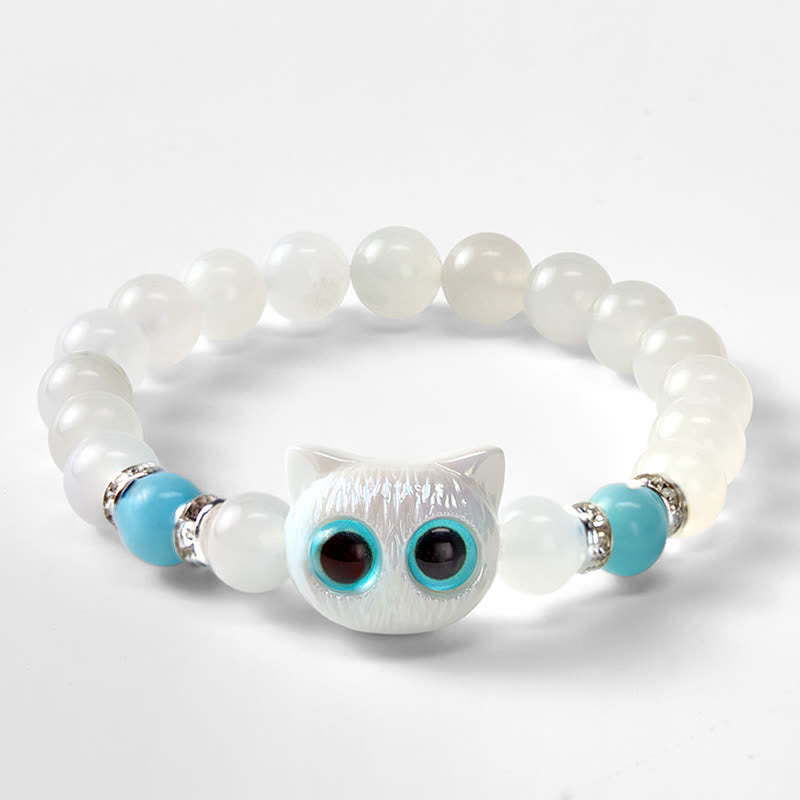 Buddha Stones Pulsera de cuentas de jade blanco y obsidiana negra con forma de linda cabeza de gato. - image 9