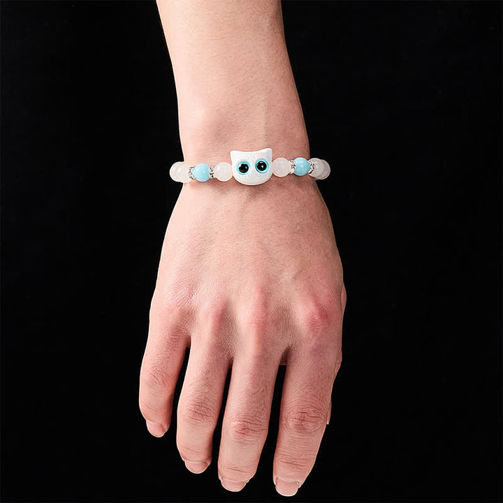 Buddha Stones Pulsera de cuentas de jade blanco y obsidiana negra con forma de linda cabeza de gato. - image 5