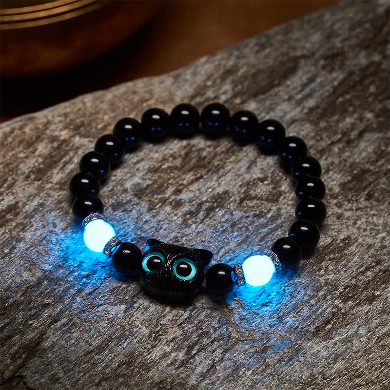 Buddha Stones Pulsera de cuentas de jade blanco y obsidiana negra con forma de linda cabeza de gato. - image 16
