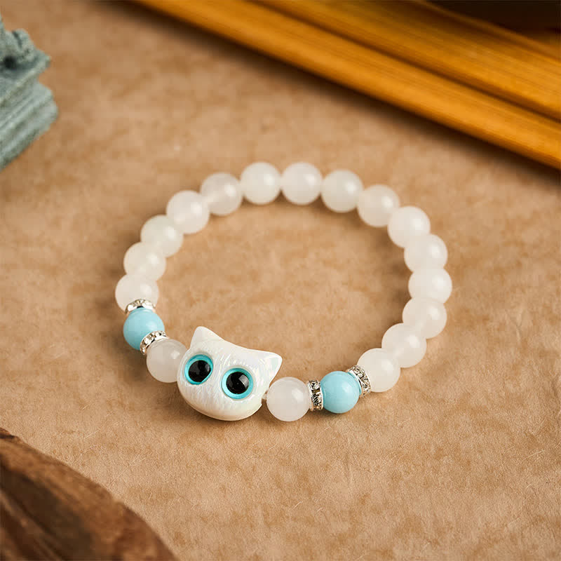 Buddha Stones Pulsera de cuentas de jade blanco y obsidiana negra con forma de linda cabeza de gato. - image 2