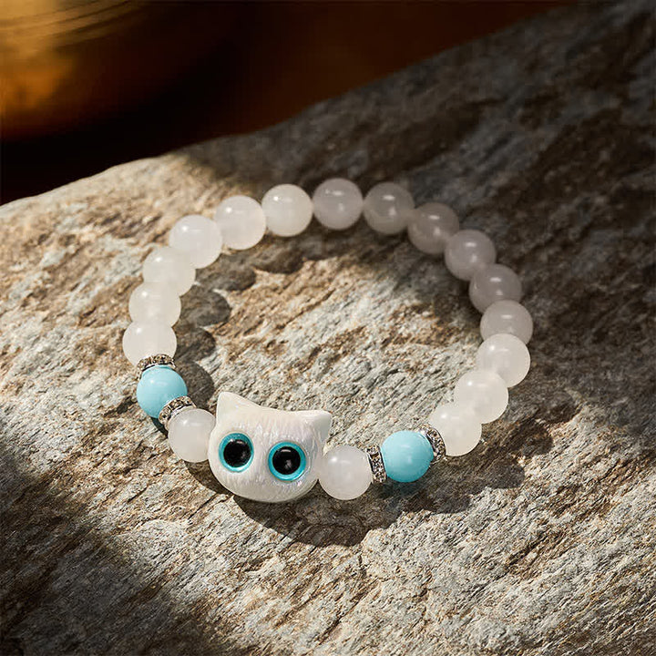 Buddha Stones Pulsera de cuentas de jade blanco y obsidiana negra con forma de linda cabeza de gato. - image 3
