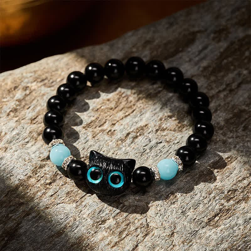 Buddha Stones Pulsera de cuentas de jade blanco y obsidiana negra con forma de linda cabeza de gato. - image 14