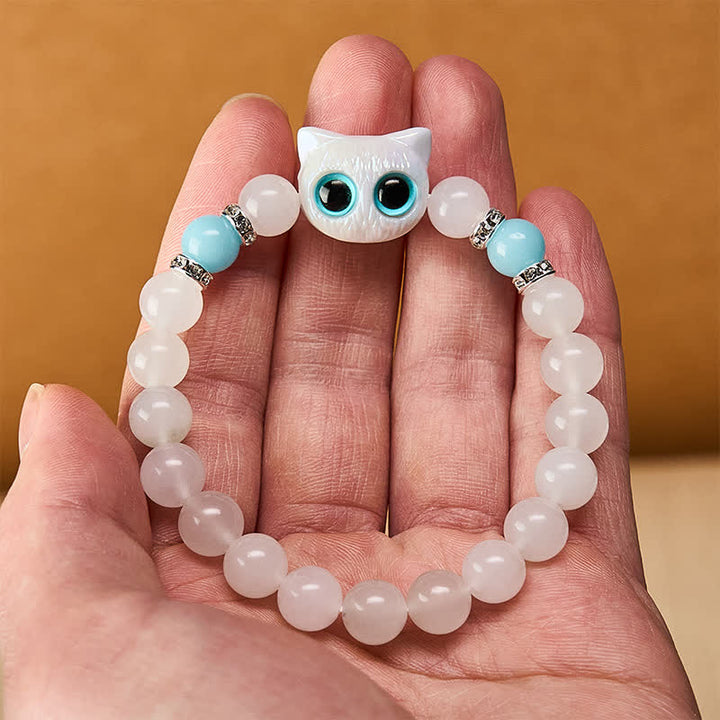 Buddha Stones Pulsera de cuentas de jade blanco y obsidiana negra con forma de linda cabeza de gato. - image 6