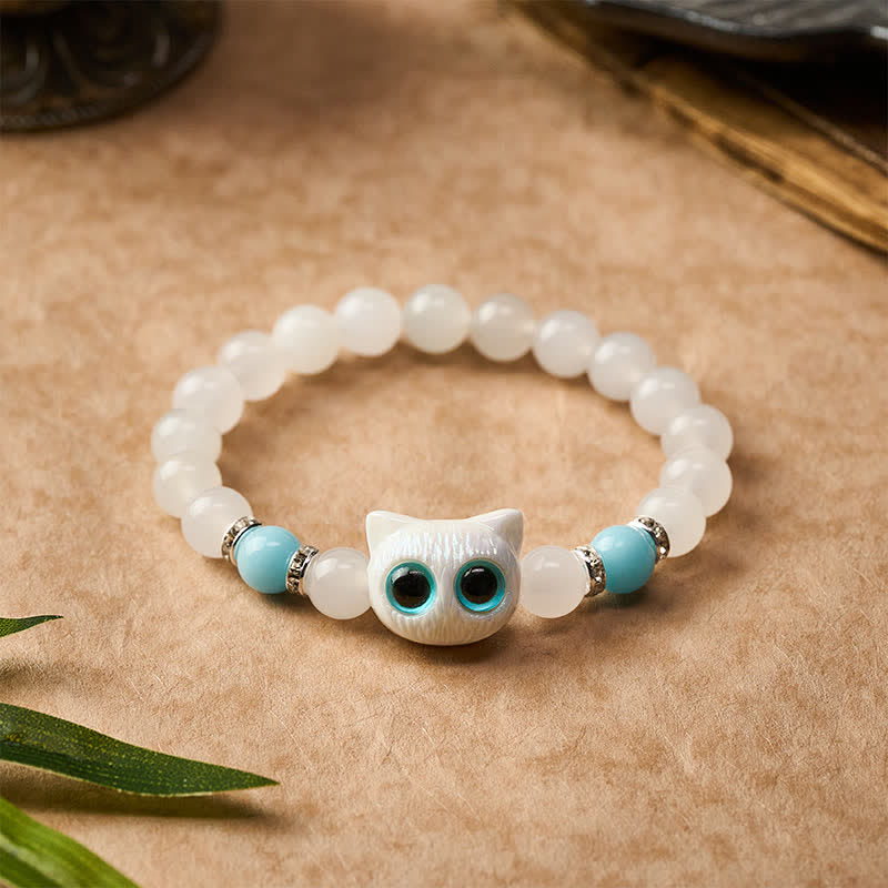 Buddha Stones Pulsera de cuentas de jade blanco y obsidiana negra con forma de linda cabeza de gato. - image 8