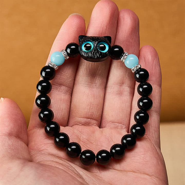 Buddha Stones Pulsera de cuentas de jade blanco y obsidiana negra con forma de linda cabeza de gato. - image 17