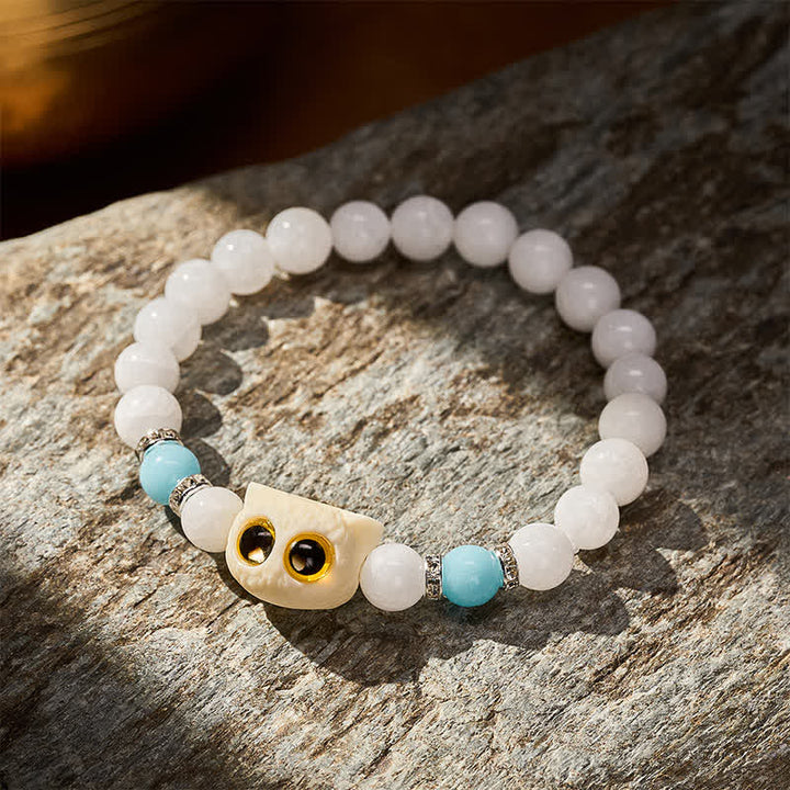 Buddha Stones Pulsera de cuentas de pureza con cabeza de gato de ojos grandes, obsidiana negra y calcedonia blanca - image 7