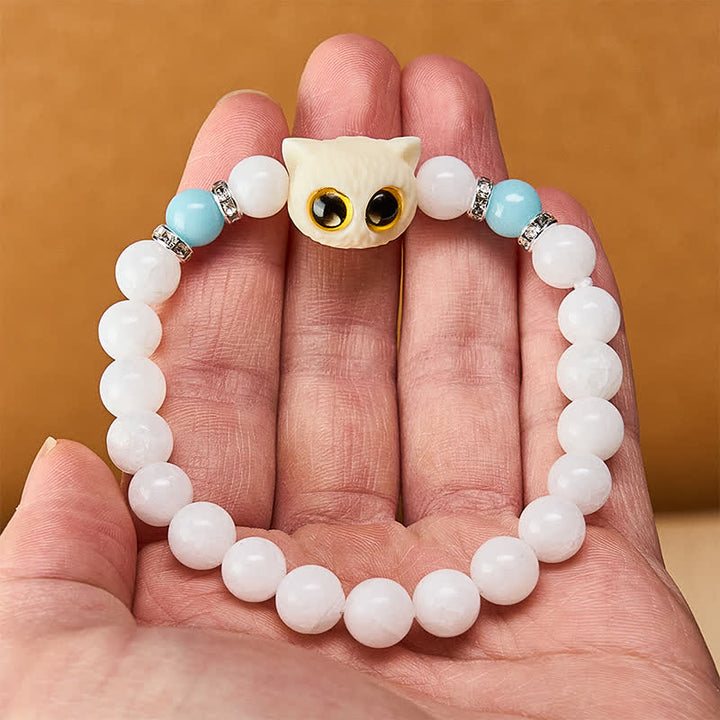 Buddha Stones Pulsera de cuentas de pureza con cabeza de gato de ojos grandes, obsidiana negra y calcedonia blanca - image 6