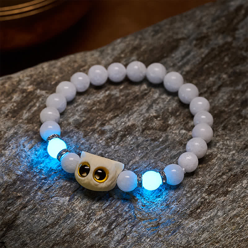 Buddha Stones Pulsera de cuentas de pureza con cabeza de gato de ojos grandes, obsidiana negra y calcedonia blanca - image 3