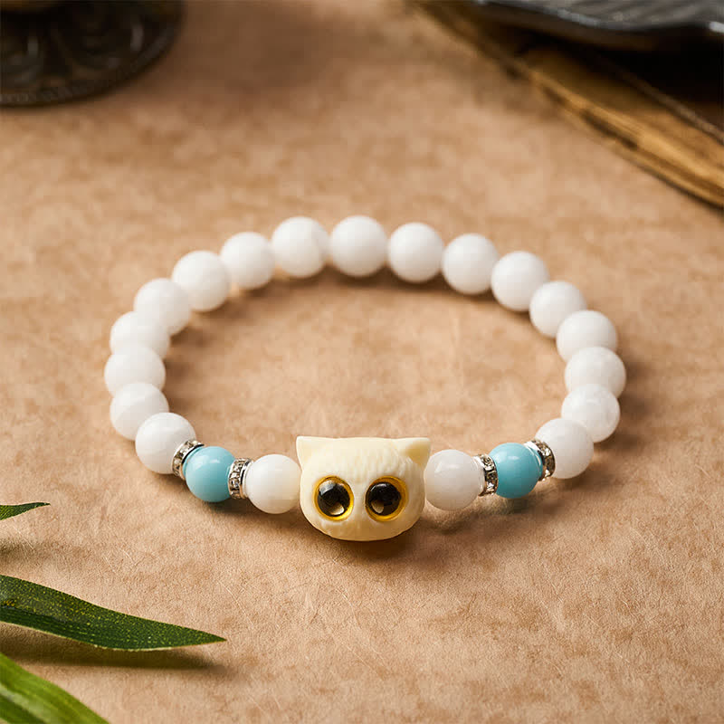 Buddha Stones Pulsera de cuentas de pureza con cabeza de gato de ojos grandes, obsidiana negra y calcedonia blanca - image 3