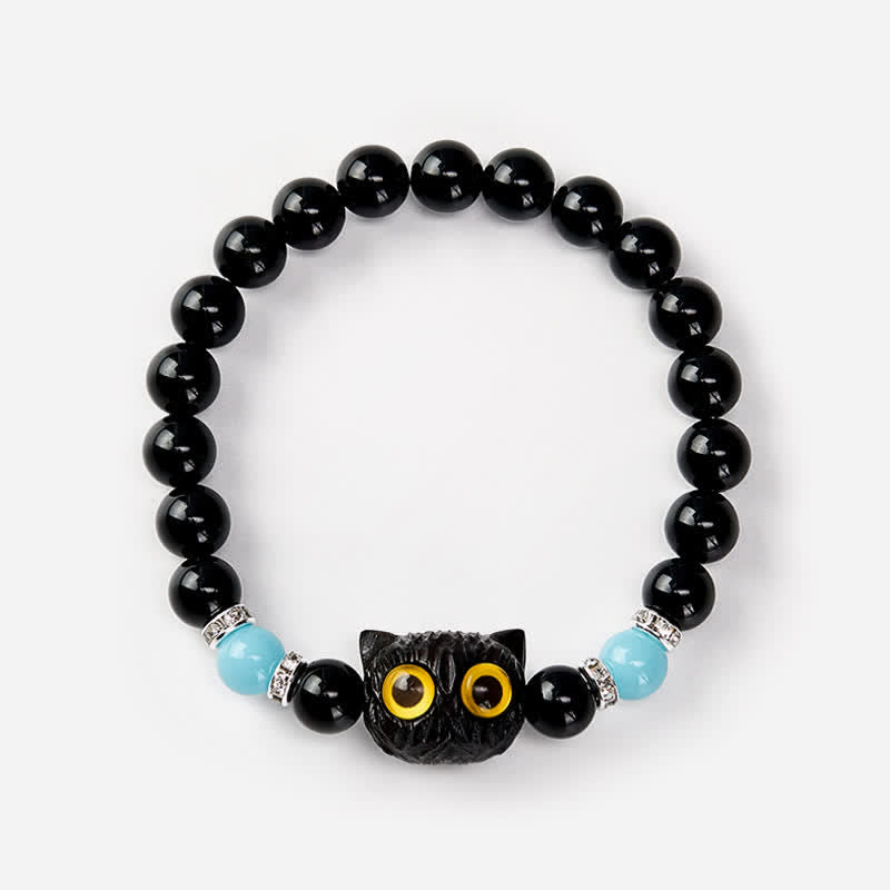 Buddha Stones Pulsera de cuentas de pureza con cabeza de gato de ojos grandes, obsidiana negra y calcedonia blanca - image 16