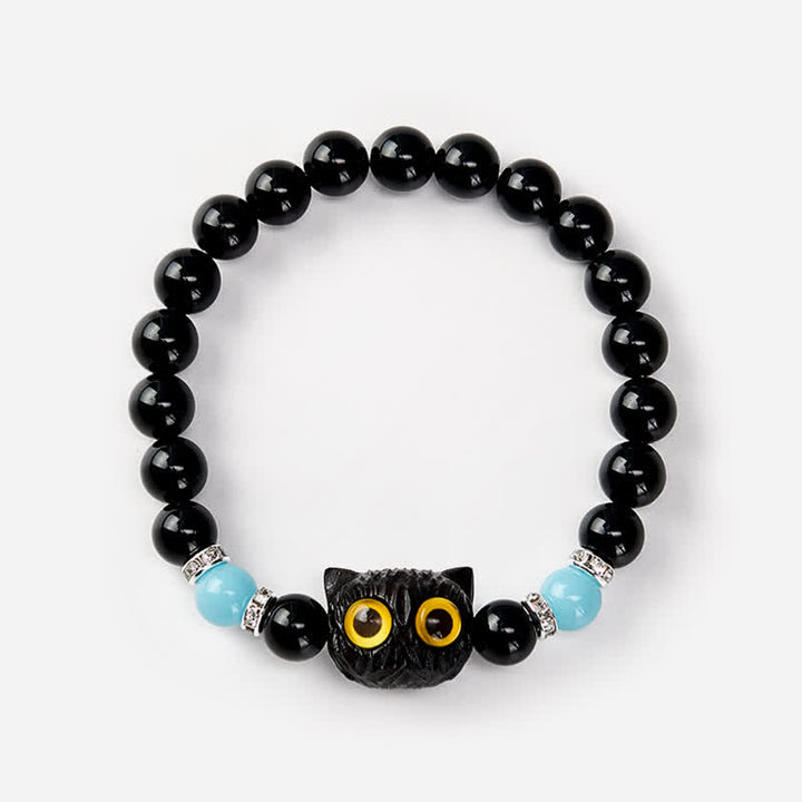Buddha Stones Pulsera de cuentas de pureza con cabeza de gato de ojos grandes, obsidiana negra y calcedonia blanca - image 17