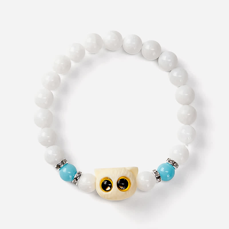 Buddha Stones Pulsera de cuentas de pureza con cabeza de gato de ojos grandes, obsidiana negra y calcedonia blanca - image 8