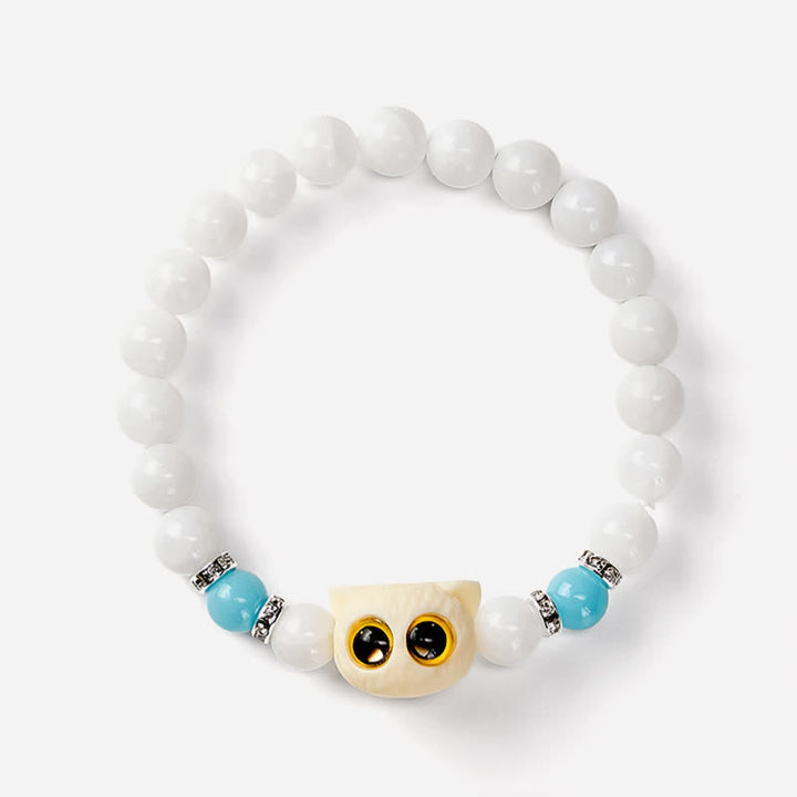 Buddha Stones Pulsera de cuentas de pureza con cabeza de gato de ojos grandes, obsidiana negra y calcedonia blanca - image 8