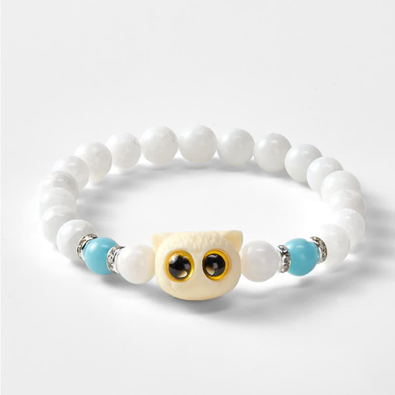 Buddha Stones Pulsera de cuentas de pureza con cabeza de gato de ojos grandes, obsidiana negra y calcedonia blanca - image 9