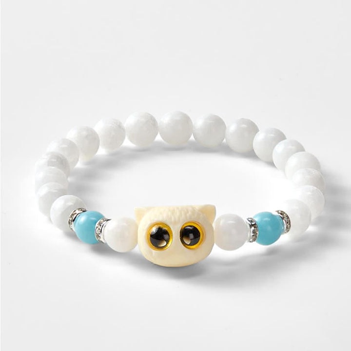 Buddha Stones Pulsera de cuentas de pureza con cabeza de gato de ojos grandes, obsidiana negra y calcedonia blanca - image 9