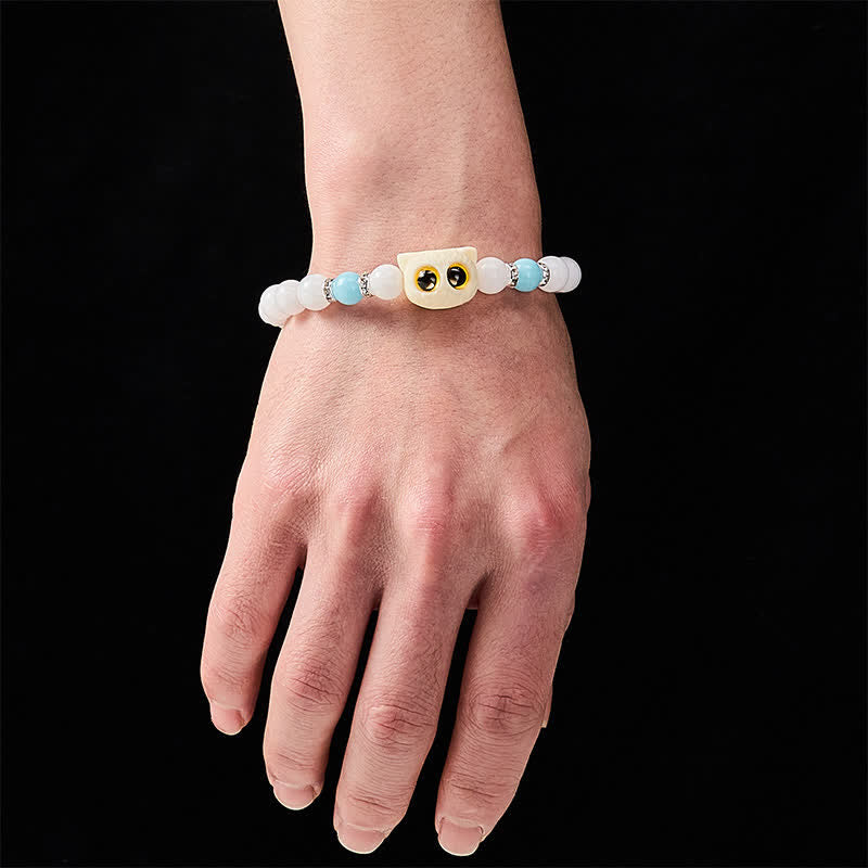 Buddha Stones Pulsera de cuentas de pureza con cabeza de gato de ojos grandes, obsidiana negra y calcedonia blanca - image 4