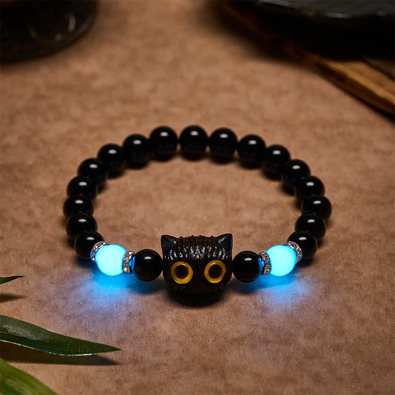 Buddha Stones Pulsera de cuentas de pureza con cabeza de gato de ojos grandes, obsidiana negra y calcedonia blanca - Obsidiana negra (circunferencia de la muñeca: 15–16 cm) - 8 mm - image 15