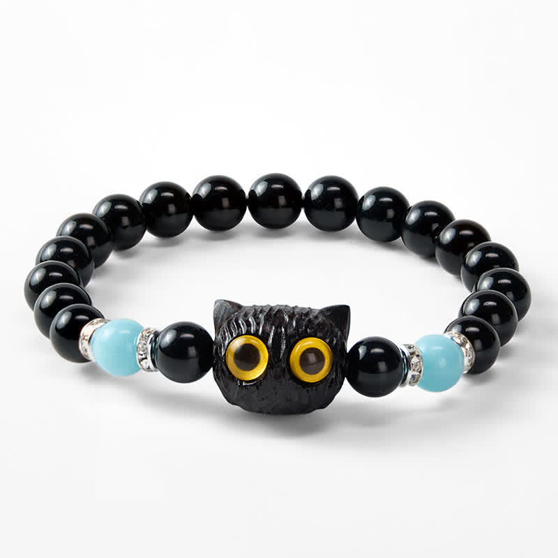 Buddha Stones Pulsera de cuentas de pureza con cabeza de gato de ojos grandes, obsidiana negra y calcedonia blanca - image 22