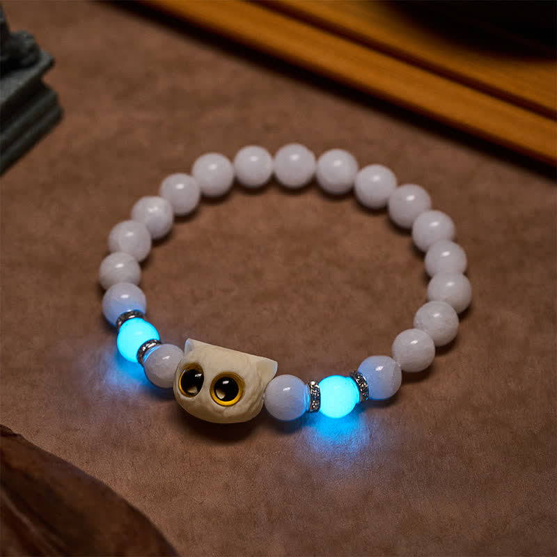 Buddha Stones Pulsera de cuentas de pureza con cabeza de gato de ojos grandes, obsidiana negra y calcedonia blanca - image 6