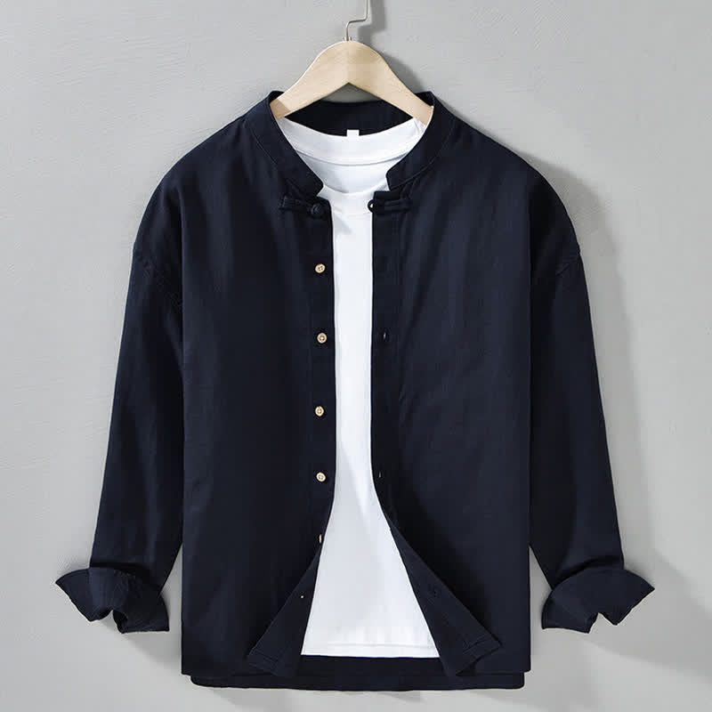 Buddha Stones Camisas de manga larga para hombre de estilo casual otoñal con cuello mandarín y color liso. - Azul medianoche - US/UK/AU42, EU52 (3XL) - image 5