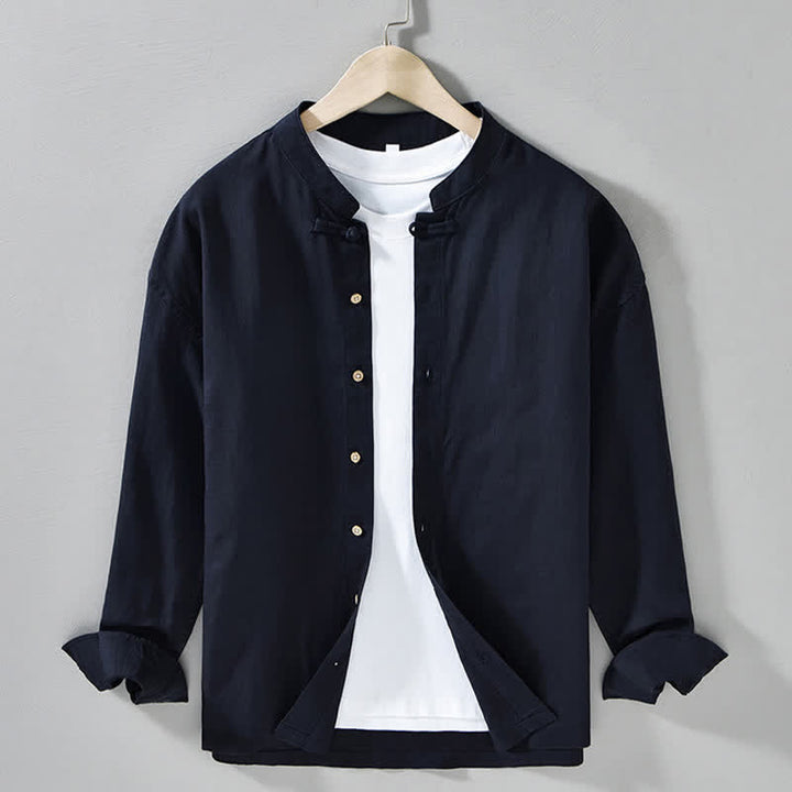 Buddha Stones Camisas de manga larga para hombre de estilo casual otoñal con cuello mandarín y color liso. - Azul medianoche - US/UK/AU42, EU52 (3XL) - image 5