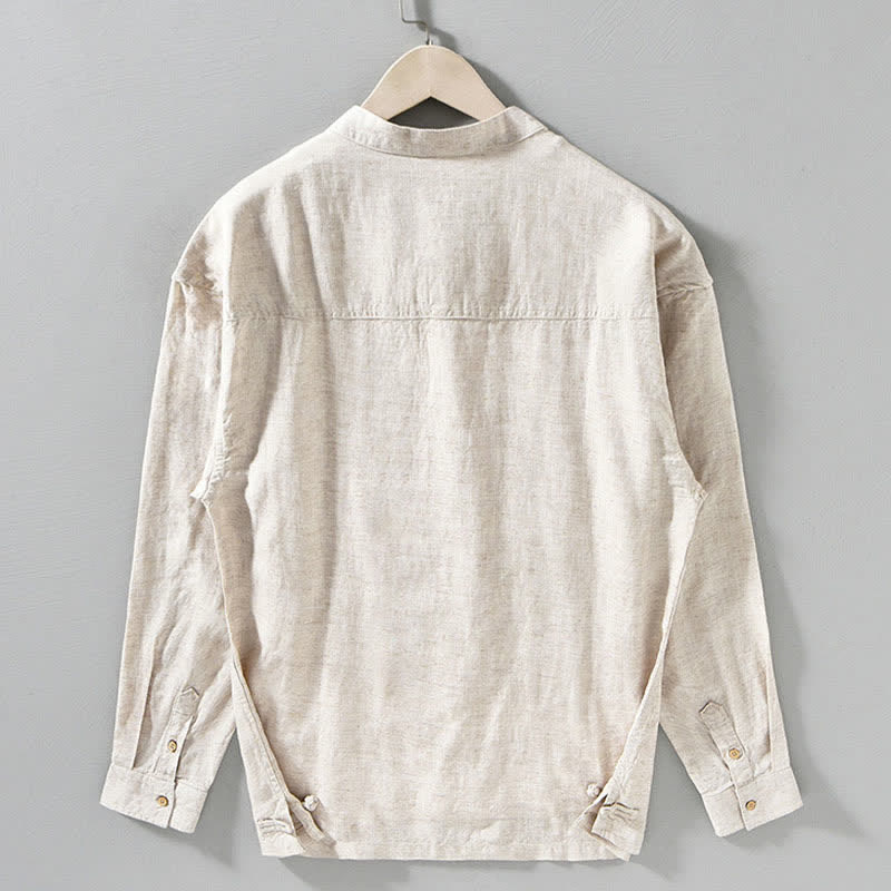 Buddha Stones Camisas de manga larga para hombre de estilo casual otoñal con cuello mandarín y color liso. - image 10