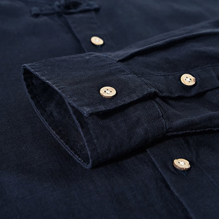 Buddha Stones Camisas de manga larga para hombre de estilo casual otoñal con cuello mandarín y color liso. - image 7