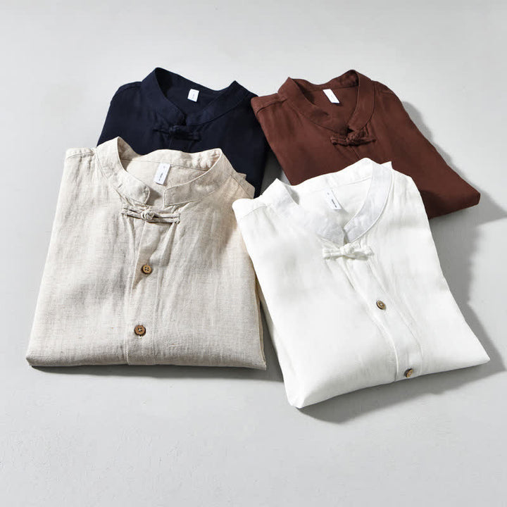 Buddha Stones Camisas de manga larga para hombre de estilo casual otoñal con cuello mandarín y color liso. - image 20