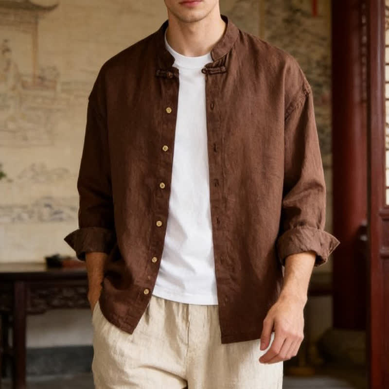 Buddha Stones Camisas de manga larga para hombre de estilo casual otoñal con cuello mandarín y color liso. - image 1