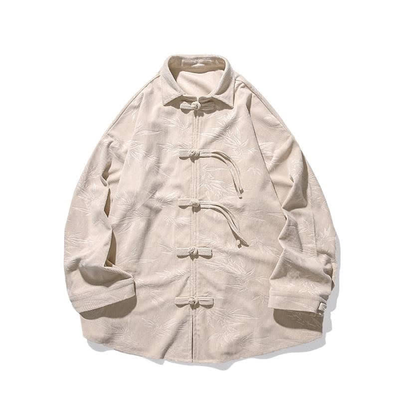 Buddha Stones Camisas de manga larga para hombre de pana con estampado de bambú y botones de rana estilo Tang para otoño/invierno. - image 42