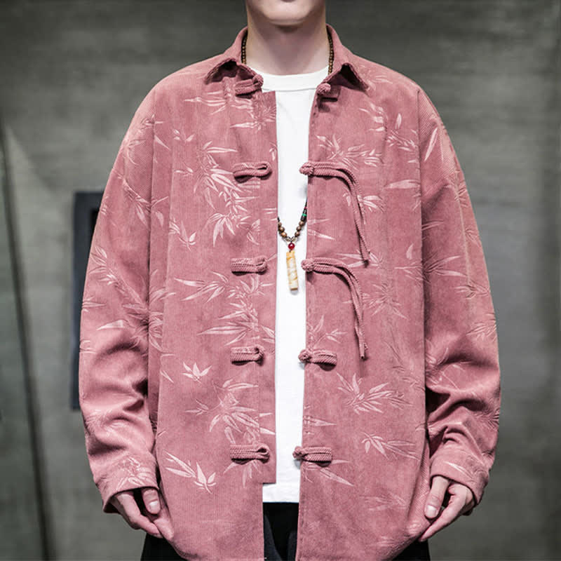 Buddha Stones Camisas de manga larga para hombre de pana con estampado de bambú y botones de rana estilo Tang para otoño/invierno. - Marrón rosado - US/UK/AU46, EU56 (5XL) - image 9