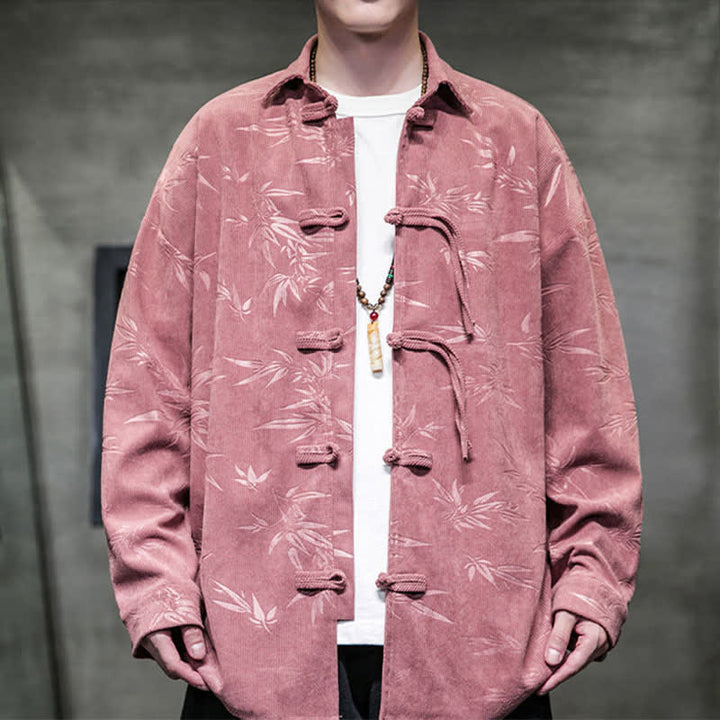 Buddha Stones Camisas de manga larga para hombre de pana con estampado de bambú y botones de rana estilo Tang para otoño/invierno. - Marrón rosado - US/UK/AU46, EU56 (5XL) - image 9