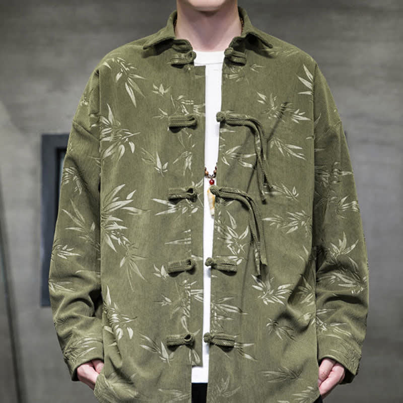 Buddha Stones Camisas de manga larga para hombre de pana con estampado de bambú y botones de rana estilo Tang para otoño/invierno. - image 6