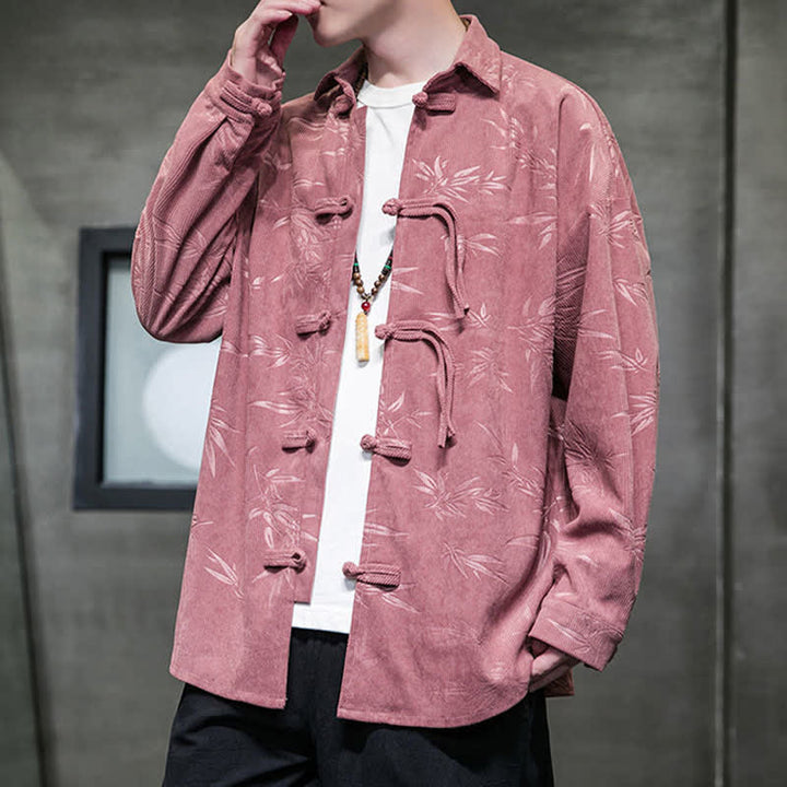 Buddha Stones Camisas de manga larga para hombre de pana con estampado de bambú y botones de rana estilo Tang para otoño/invierno. - image 16