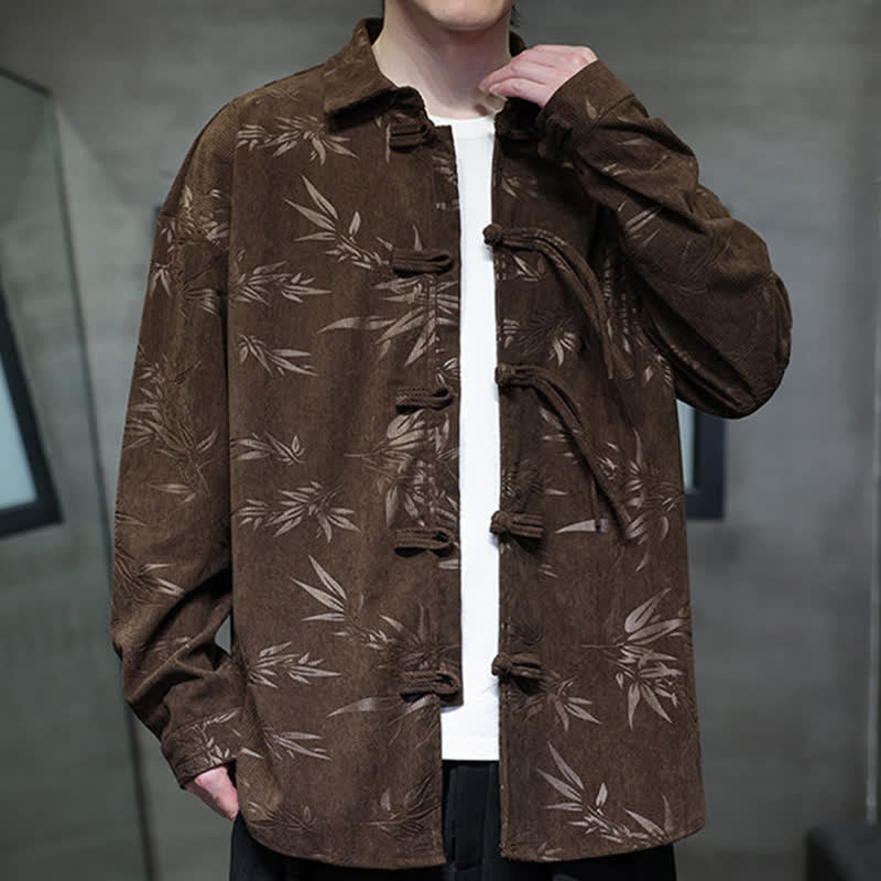 Buddha Stones Camisas de manga larga para hombre de pana con estampado de bambú y botones de rana estilo Tang para otoño/invierno. - image 26