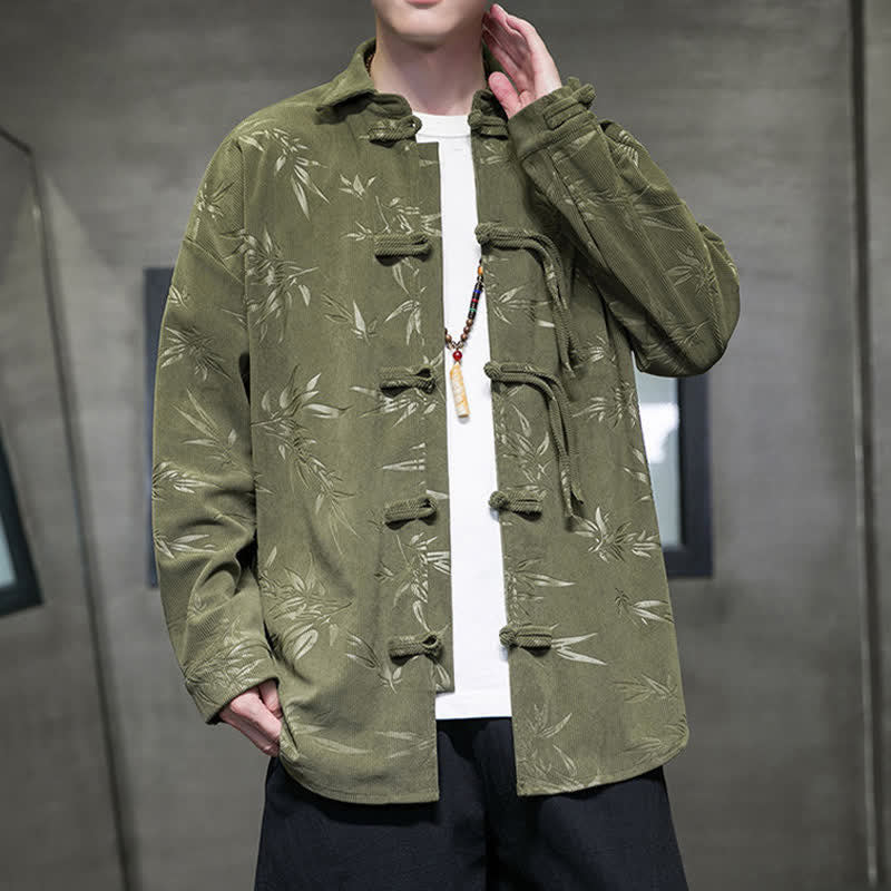Buddha Stones Camisas de manga larga para hombre de pana con estampado de bambú y botones de rana estilo Tang para otoño/invierno. - image 8