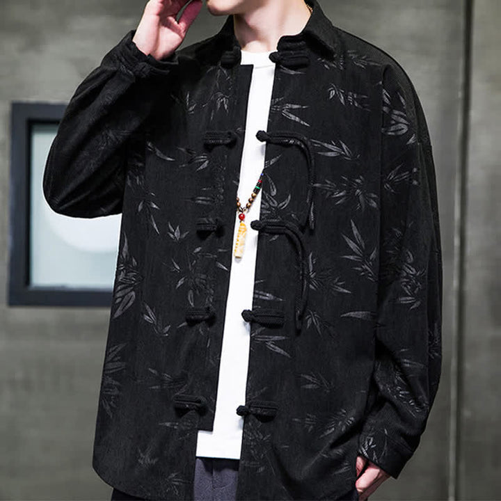 Buddha Stones Camisas de manga larga para hombre de pana con estampado de bambú y botones de rana estilo Tang para otoño/invierno. - image 24
