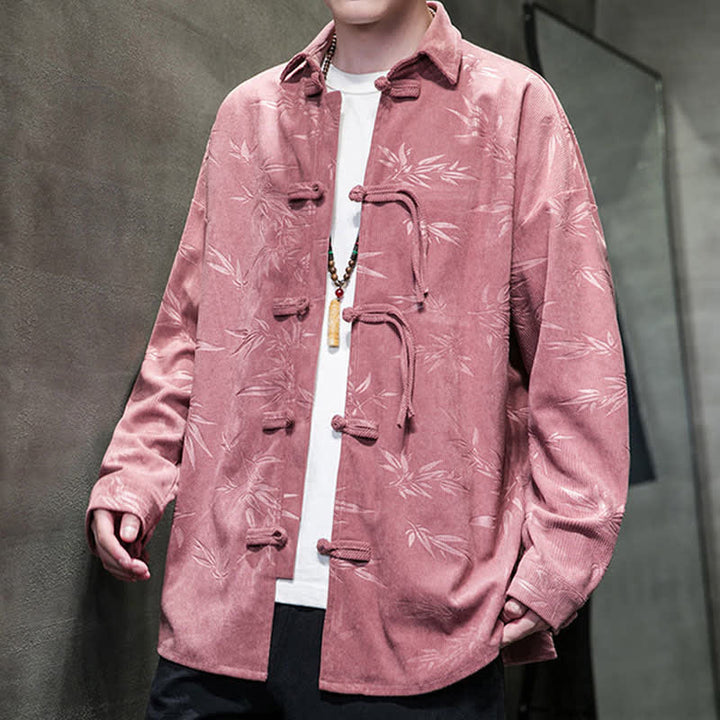 Buddha Stones Camisas de manga larga para hombre de pana con estampado de bambú y botones de rana estilo Tang para otoño/invierno. - image 12