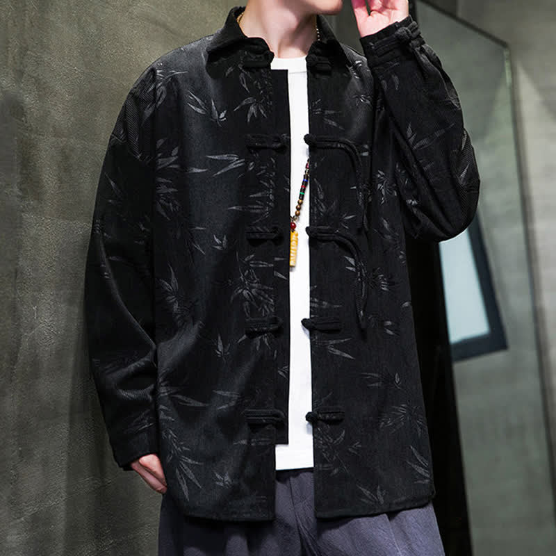 Buddha Stones Camisas de manga larga para hombre de pana con estampado de bambú y botones de rana estilo Tang para otoño/invierno. - image 18
