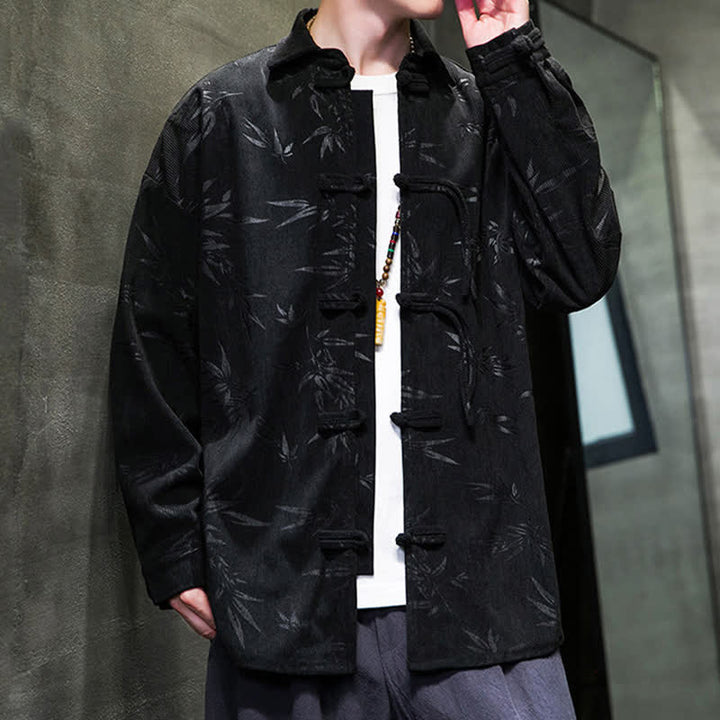Buddha Stones Camisas de manga larga para hombre de pana con estampado de bambú y botones de rana estilo Tang para otoño/invierno. - image 18