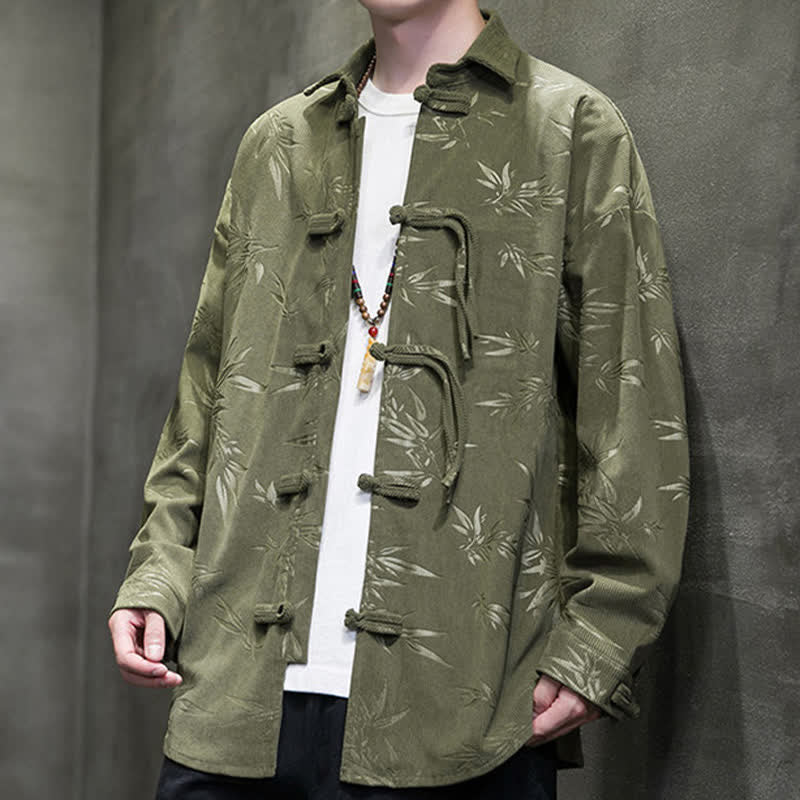 Buddha Stones Camisas de manga larga para hombre de pana con estampado de bambú y botones de rana estilo Tang para otoño/invierno. - Verde oliva - US/UK/AU46, EU56 (5XL) - image 0