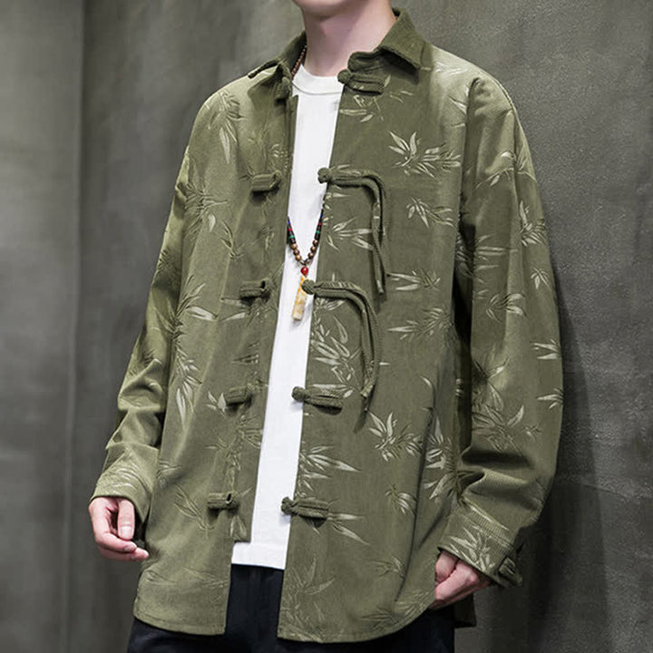 Buddha Stones Camisas de manga larga para hombre de pana con estampado de bambú y botones de rana estilo Tang para otoño/invierno. - Verde oliva - US/UK/AU46, EU56 (5XL) - image 0