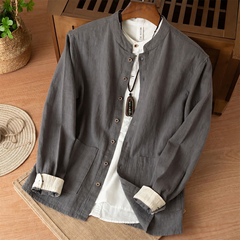 Buddha Stones Camisas de manga larga para hombre de lino liso con cuello mandarín, estilo casual de otoño, con bolsillos. - Gris oscuro - US/UK/AU44, EU54 (4XL) - image 11