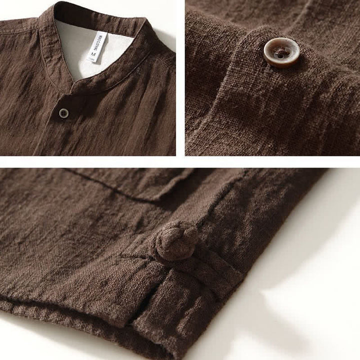 Buddha Stones Camisas de manga larga para hombre de lino liso con cuello mandarín, estilo casual de otoño, con bolsillos. - image 2