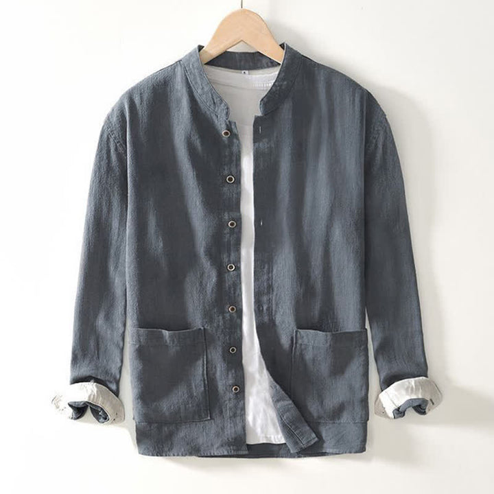 Buddha Stones Camisas de manga larga para hombre de lino liso con cuello mandarín, estilo casual de otoño, con bolsillos. - image 12